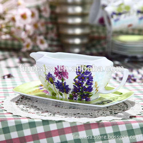 460CC Elegant Hyper White Porcelain Square Gravy Boat with Saucer